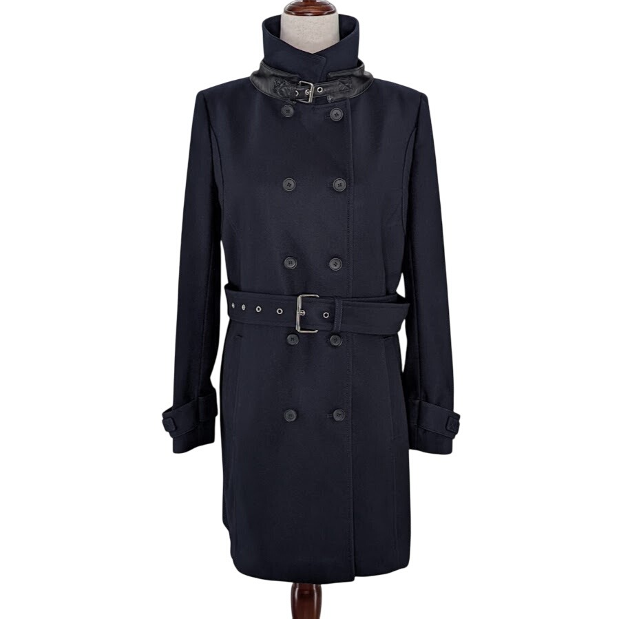 The Kooples Wool Nylon Trench Coat Navy Blue Leather Trim Belted Size 38 Us 6